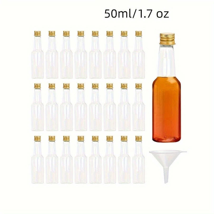 50 reusable plastic mini liquor bottles in 0.85oz and 1.7oz sizes, perfect for weddings and birthdays. Ideal for alcohol, juice, wine, or hot sauce.