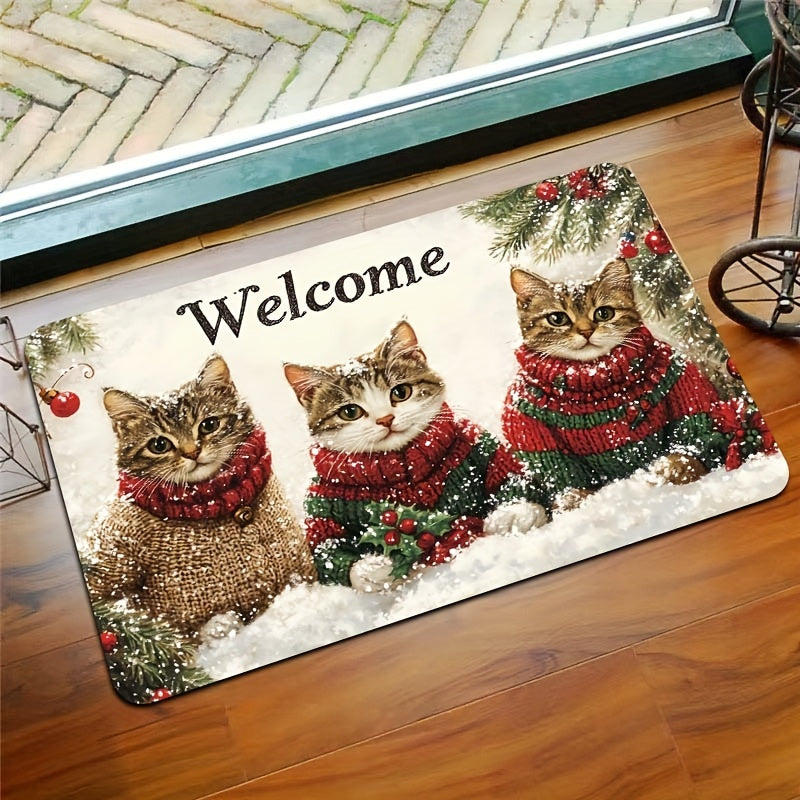 Welcome your guests with the festive 3 Cats Christmas Welcome Mat! This rectangular rug is 8mm thick and made of machine washable polyester with a PVC backing. Its durable construction allows it to be used indoors in doorways, kitchens, bathrooms, living