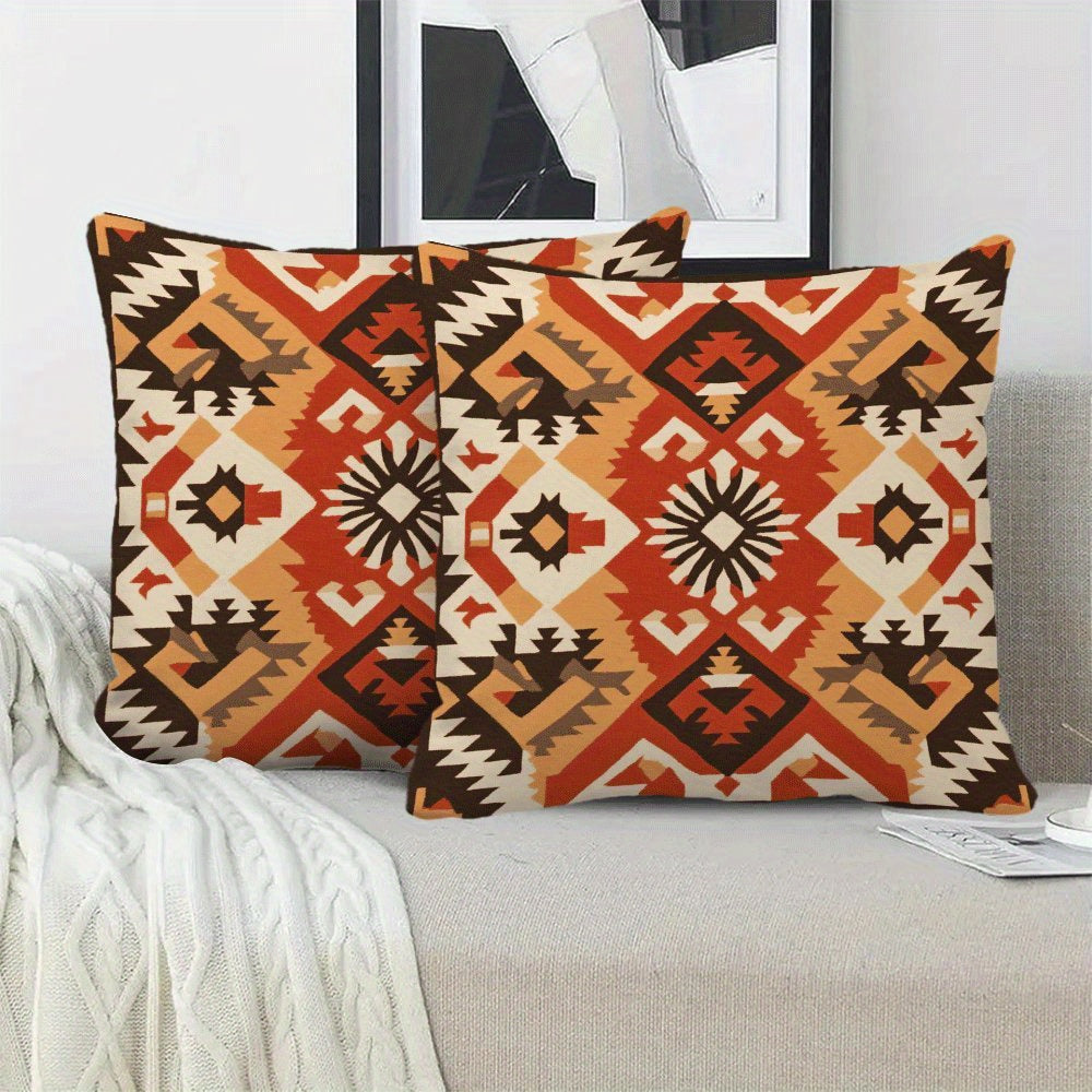 Modern Bohemian Retro Geometric Flannel Pillow Covers, 2-Pack, 45.72x45.72 cm, Zipper Closure, Machine Washable, Ideal for Back Sleepers, Sofa and Outdoor Tent Decor, All-Season Square Cushion Cases (Pillow Inserts Not Included)