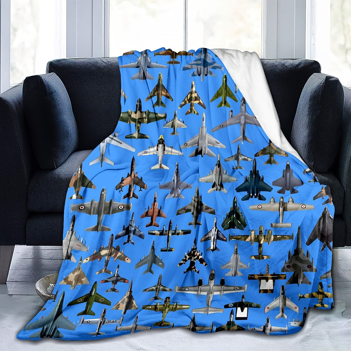 Flannel fleece throw blanket featuring a contemporary military jet aircraft pattern - Perfect for aviation enthusiasts! Hypoallergenic, stain resistant, and suitable for all seasons. Made of soft knit polyester fabric with a high-quality digital print.