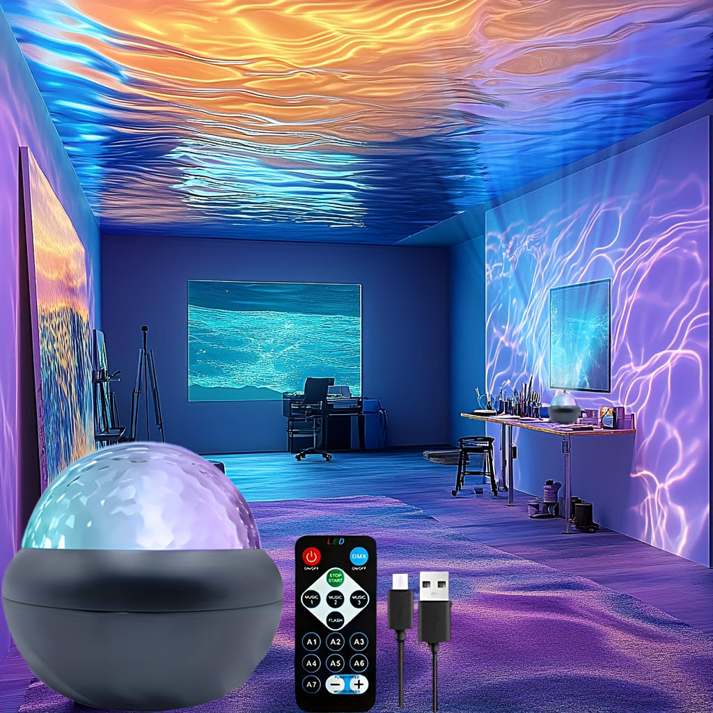 Dreamy 7-Color LED Night Light with Water Ripple Effect - USB Powered, Remote Controlled, Ideal for Creating a Cozy Atmosphere in Any Room. Ideal for Bedroom Ambiance & Special Occasions.