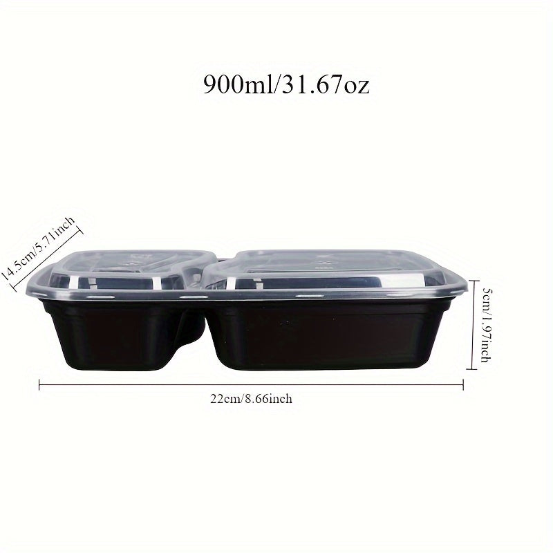 Five pieces of multipurpose meal prep containers that come in a 2-compartment design, leak-proof, made of oven-safe plastic material, stackable, and safe for use in the microwave, freezer, and dishwasher.