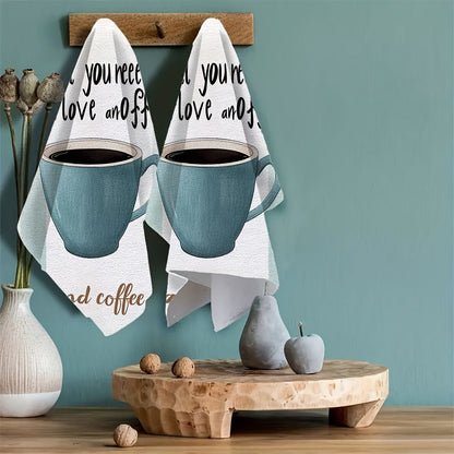 This set includes 2 ultra-soft kitchen towels with charming prints featuring love and coffee phrases. These highly absorbent dish towels are ideal for holiday decor, are machine washable, and measure 40.64x60.96 cm.