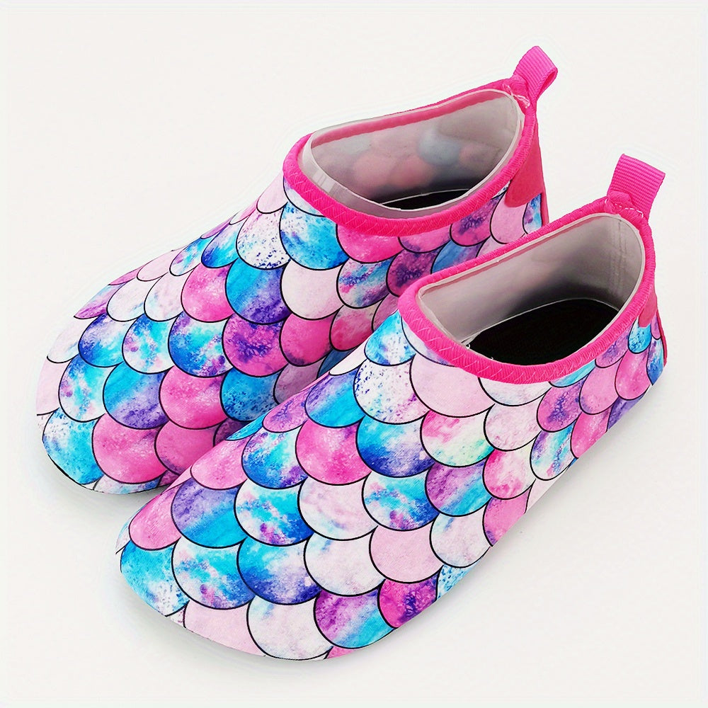 Colorful fish scale print slip-on water shoes for toddler girls, perfect for summer fun at the beach.