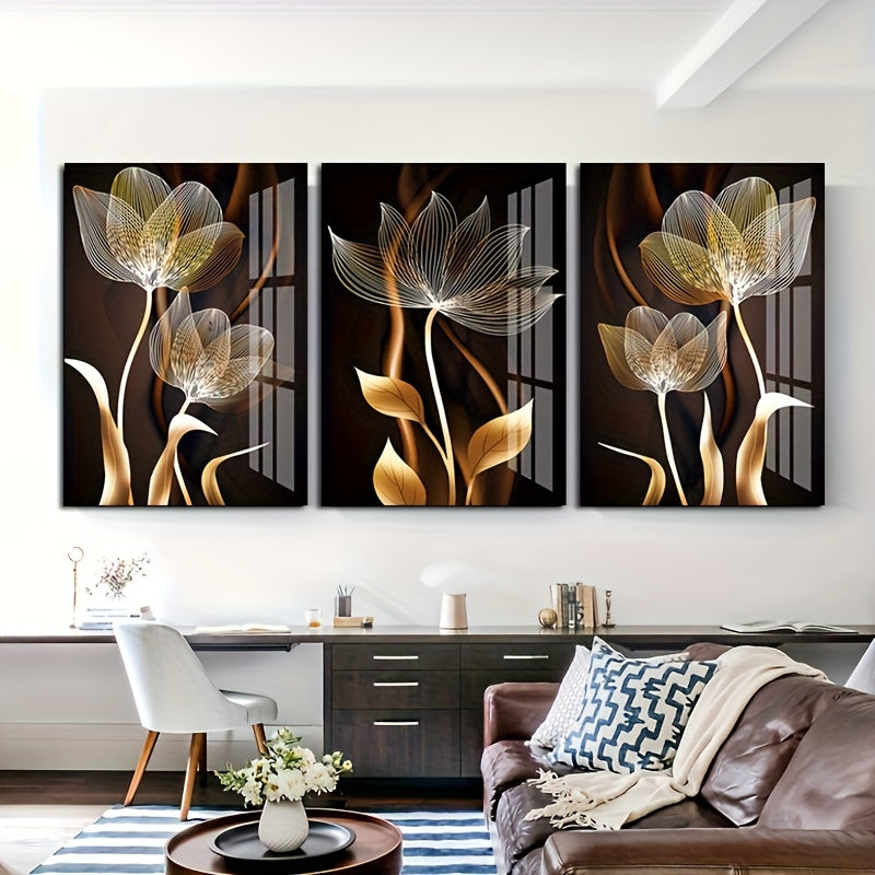 Modern abstract black brown and golden flower picture set, luxury wall art canvas painting for living room decor, frameless.