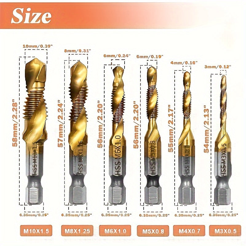 6 piece titanium drill and tap bit set with 1/4" hex shank for high-speed steel and metric threads M3-M10, suitable for screw tapping and countersinking. Combination bit and drill bits