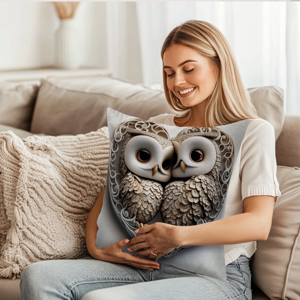 Adorable Owl Valentine's Day Pillow Cover - 45.72x45.72cm, Made of Sturdy Polyester, Easy Zip Closure, Machine Washable - Ideal for Decorating Indoors and Outdoors