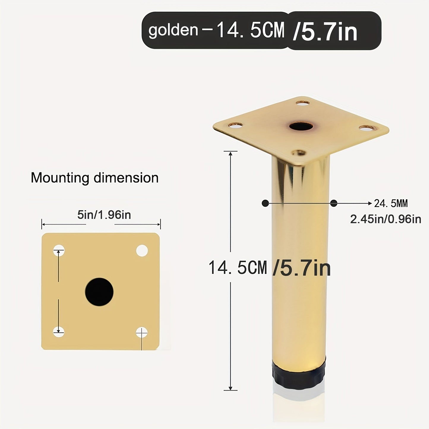 Golden adjustable steel furniture legs - 1 piece, ideal for sofas, TV stands, and coffee tables.