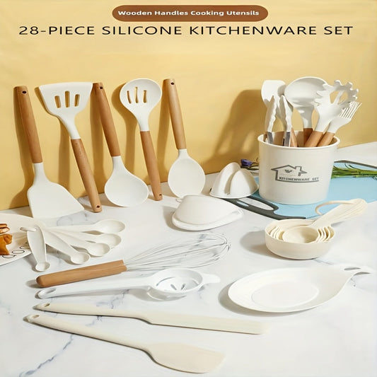 Set of 28 silicone kitchen utensils with wooden handles, featuring non-stick coating and washable design. Includes essential cooking tools for a safe and modern kitchen experience.