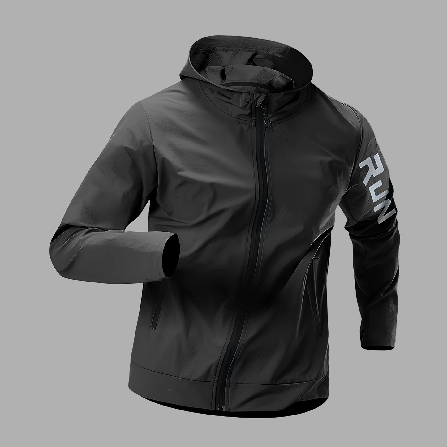 Men's hooded jacket made of 90% polyamide and 10% spandex with alphabet pattern. Features zipper closure and is suitable for hiking, running, and outdoor activities in spring, fall, and