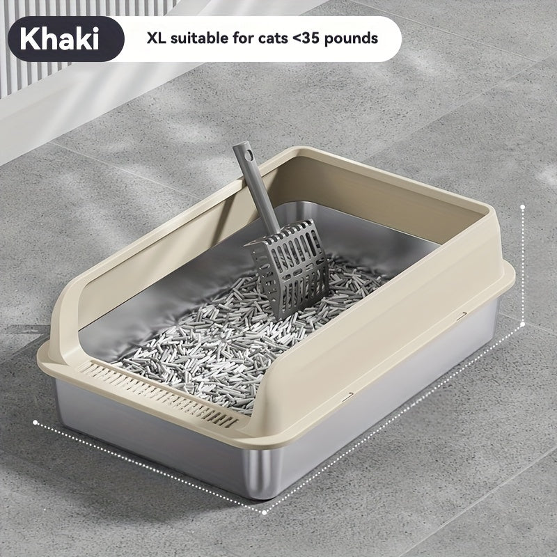 Large stainless steel litter box with splash guard cover for easy cleaning.