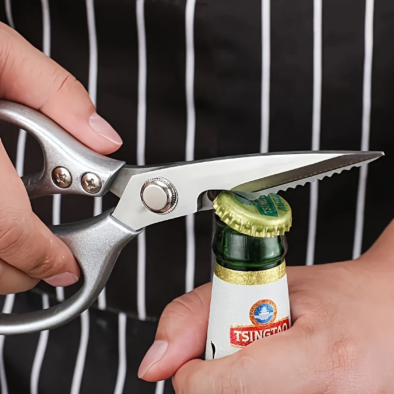 Durable and comfortable, these versatile stainless steel kitchen scissors with an ergonomic handle are perfect for cutting chicken bones, meat, fish, vegetables, and more. The super sharp blades make cooking and dining tasks a breeze.