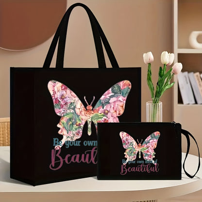 Set includes 2 floral and butterfly print tote bags with matching wallet, made of durable canvas material. Features magnetic snap closure and foldable design for shopping and travel, with