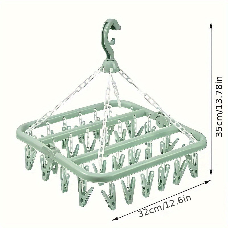 This durable foldable hanger features a large capacity with 32 clips, making it perfect for storing socks and underwear in the bathroom, bedroom, closet, or wardrobe. Available in pink, blue, and green, this plastic hanger is a convenient solution for