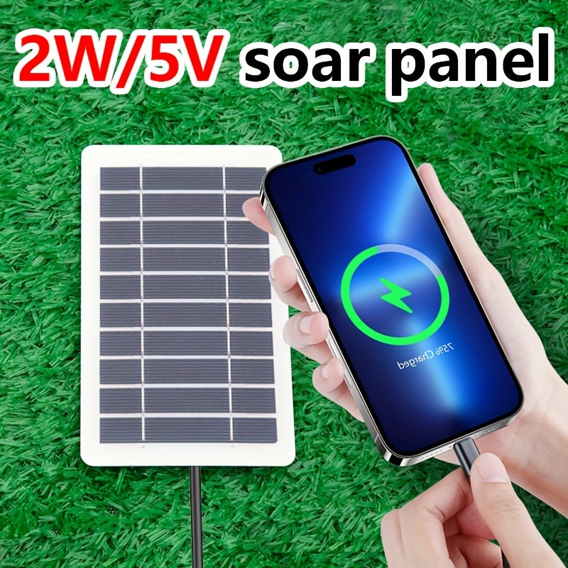 Portable outdoor solar USB charger with movable solar panel for charging phones, flashlights, and fans, ideal for travel, camping, and outings with pets.