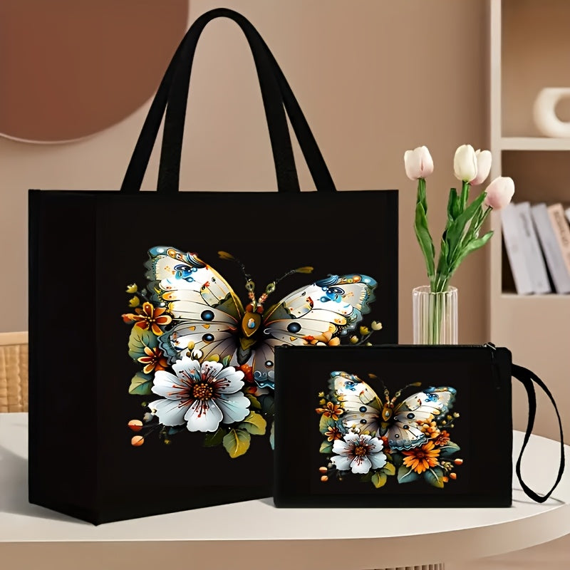 2-piece set consisting of a canvas tote bag with wallet, featuring butterfly and floral print, foldable and durable, fixed shoulder straps, polyester lining, kiss lock closure, geometric