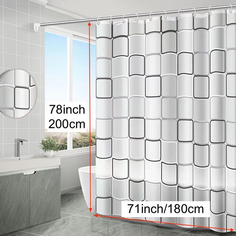 Lightweight plastic shower curtain with hooks and metal grommets, suitable for bathroom and window decoration.