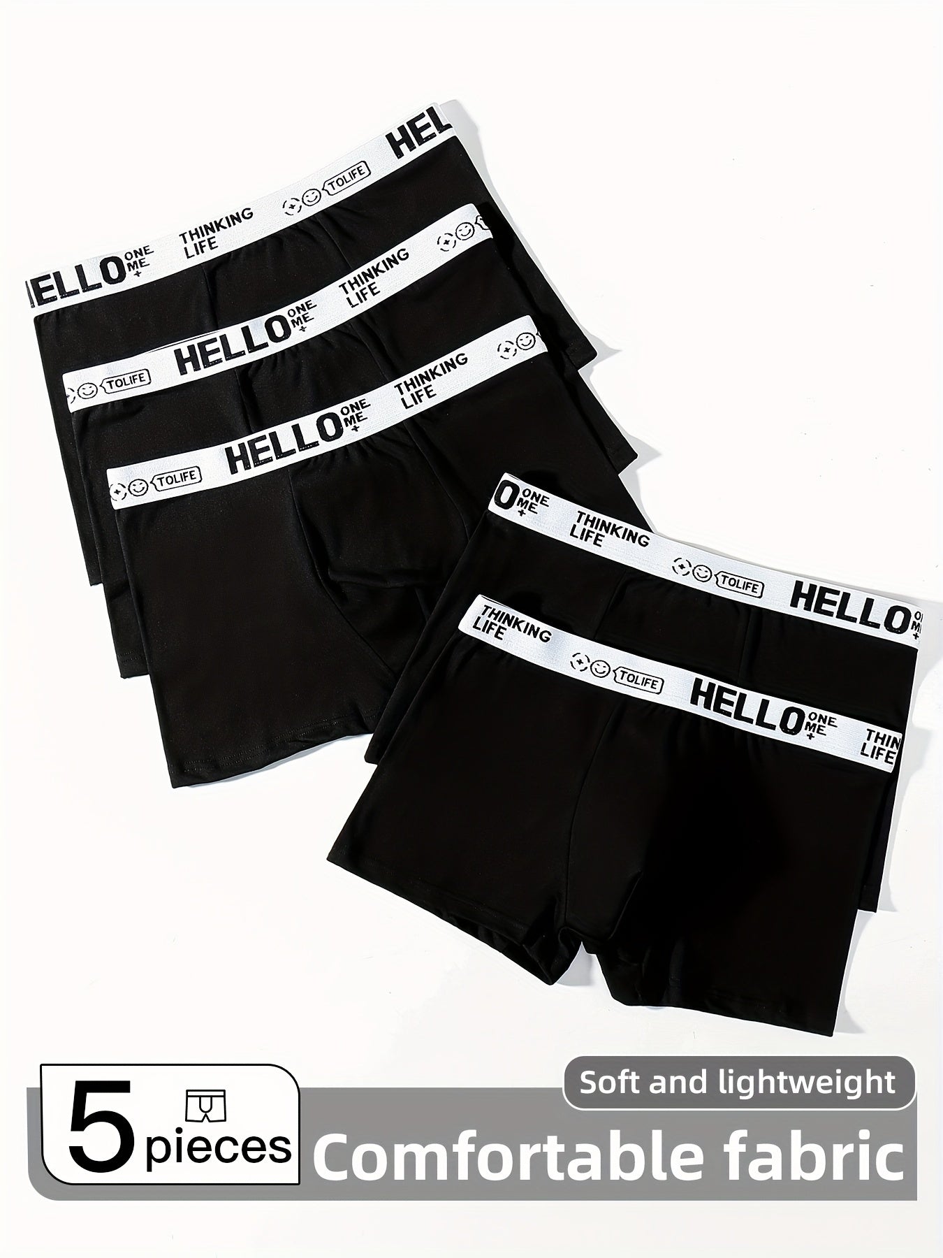 5 men's black boxer briefs made of soft, breathable, stretchy polyester blend for comfort fit.