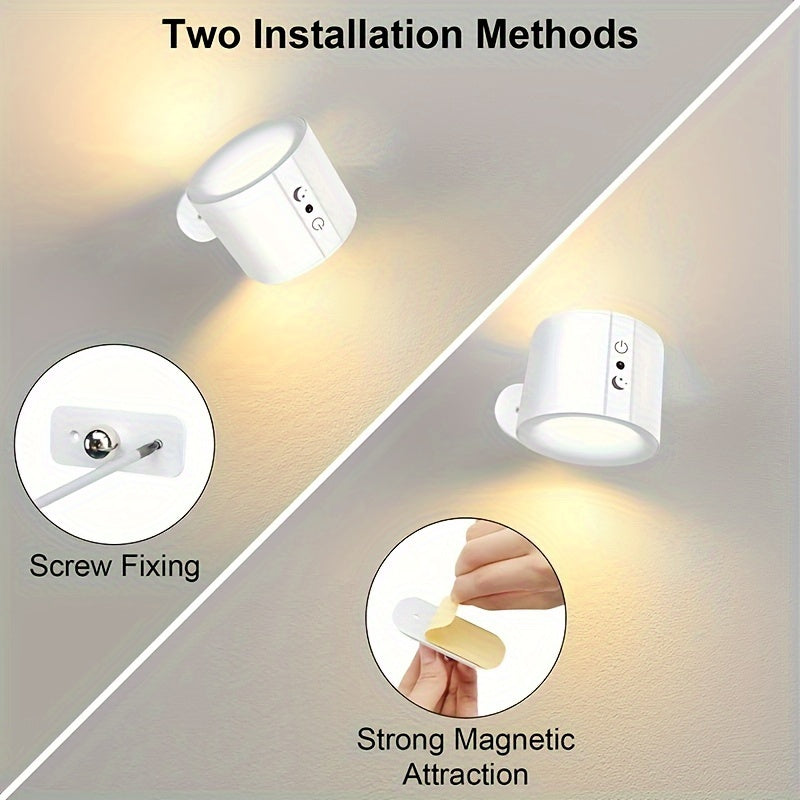 2-Pack LED Wall Sconces with dimmable touch control, magnetic ball for 360° rotation. USB charging, 3-color switch, 3-speed adjustable, can be wall-mounted or used on tabletop. Ideal for