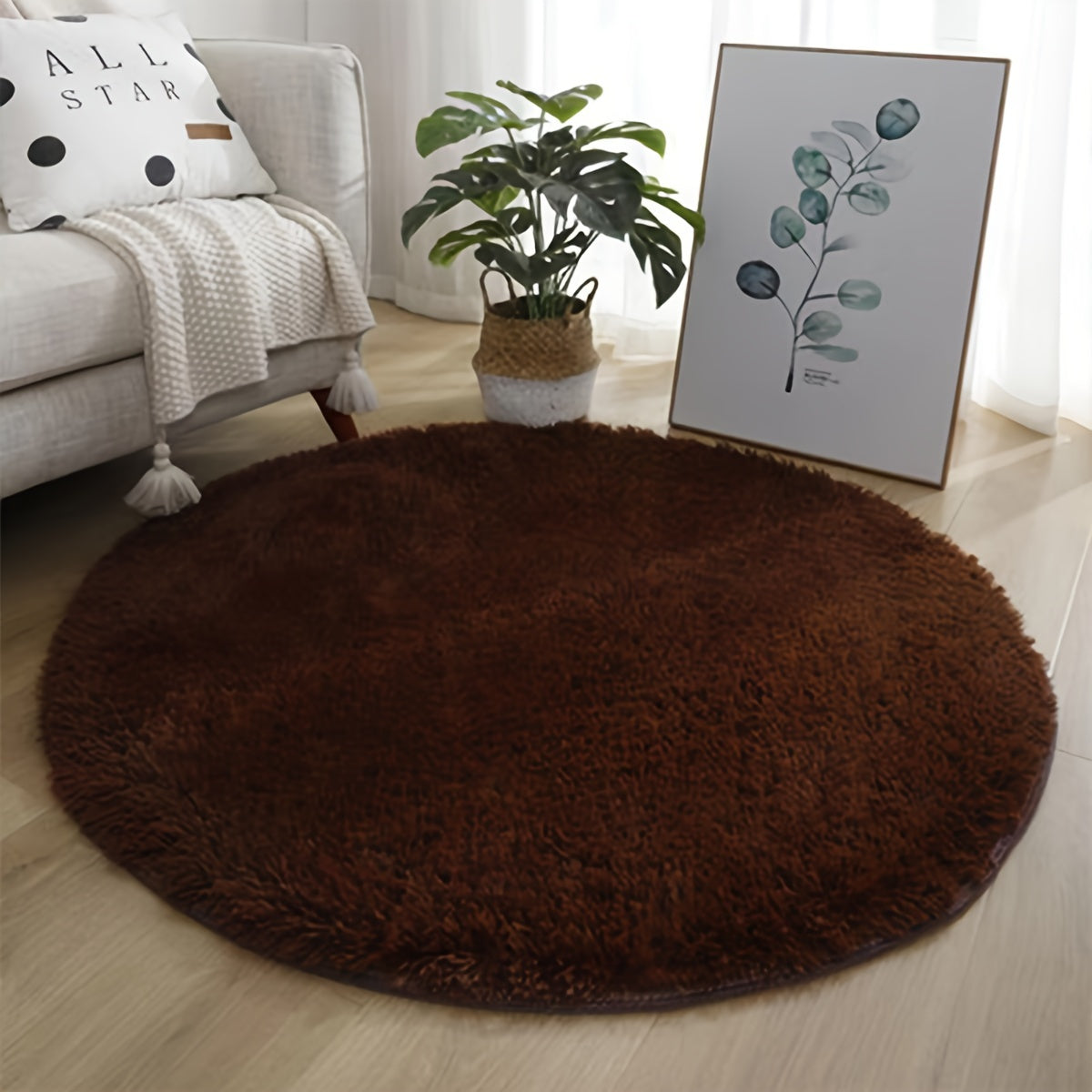 Soft and fluffy plush area rug with non-slip rubber backing, made of 100% polyester fiber. This machine washable rug features a round low pile, perfect for bedroom, living room, and indoor decor. Ideal for Christmas, Halloween, Thanksgiving, and