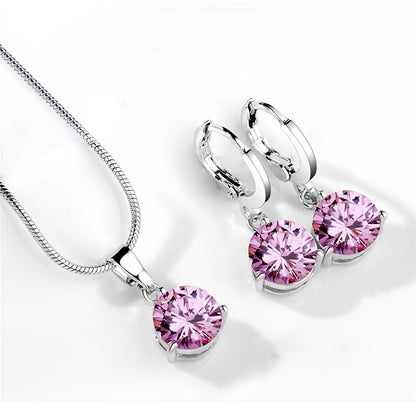 Crystal Zirconia pendant necklace & earrings set in white alloy with rhinestone accents, ideal for weddings and engagements, round shape, suitable for girls.