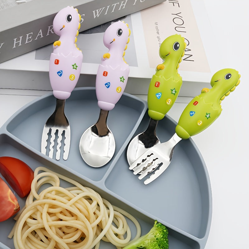 Youngsters dining set includes stainless steel fork and spoon with colorful dinosaur handles, making mealtime easy and kid-friendly.