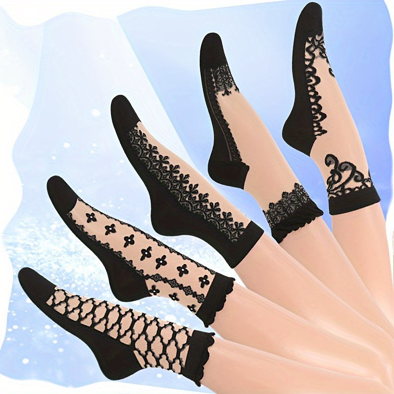 5 pairs of women's thin mid-calf crystal socks with skin-colored bottoms ideal for summer. Featuring glass embroidery, wear-resistant, breathable, and non-slip design.