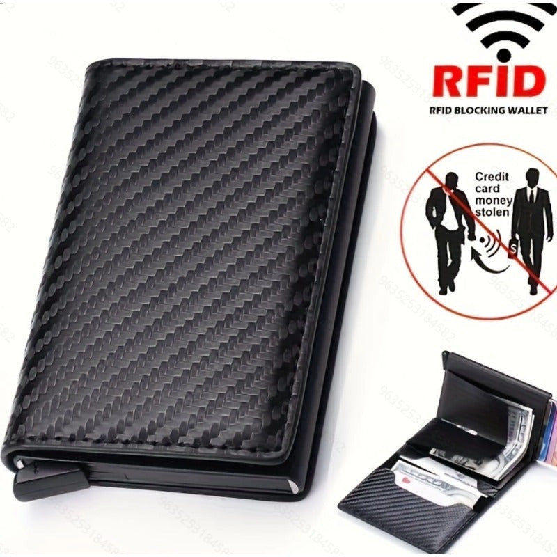 Sleek men's wallet with RFID-blocking technology, made of ultra-thin aluminum alloy with multiple card slots and stylish metal design.