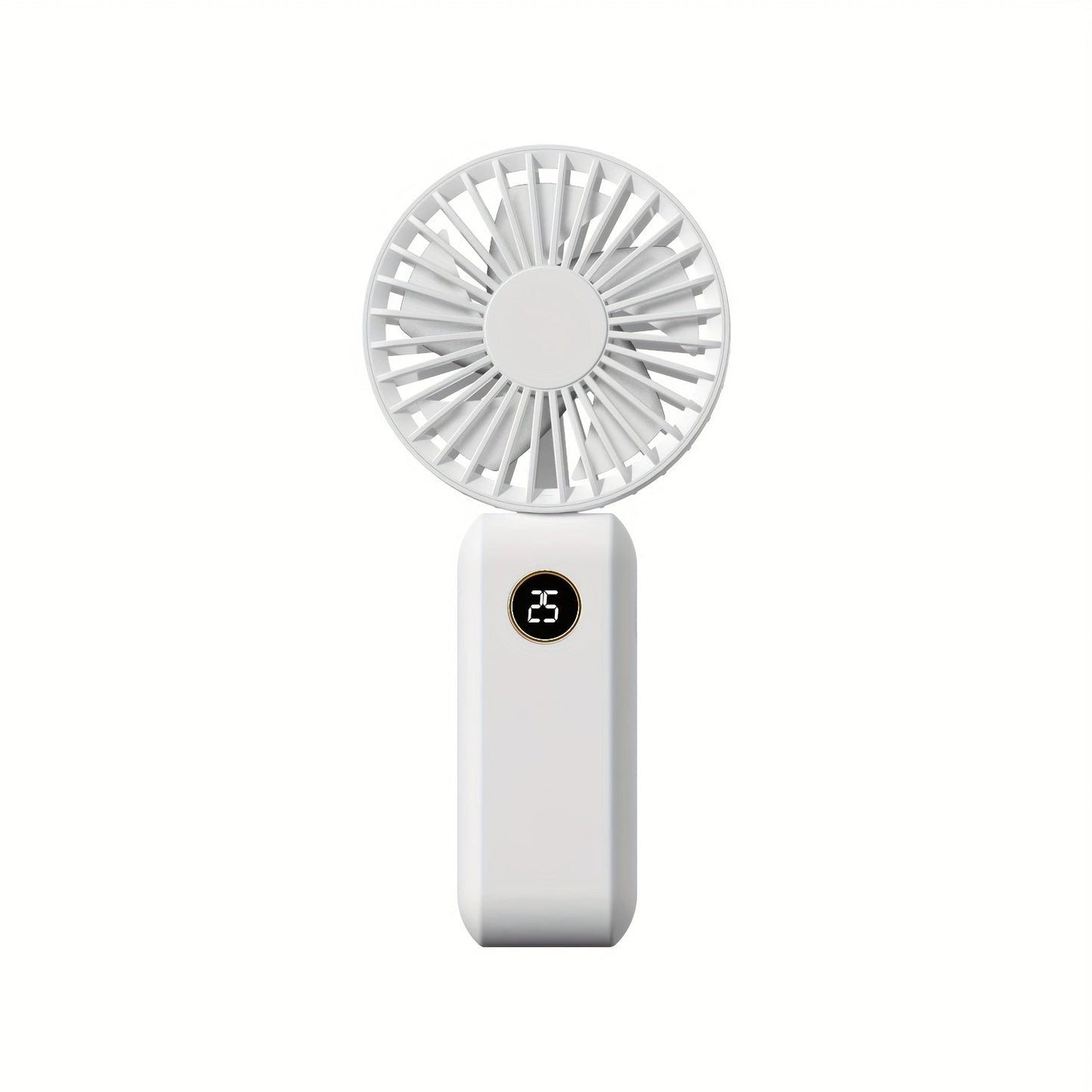 Get yourself the perfect portable mini fan! This fan comes with a digital display, USB rechargeable feature, quiet operation, foldable handle, and can be used on a desk or handheld. Made of durable ABS material in a sleek white design, this fan measures