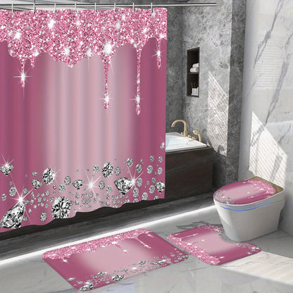 4-piece bathroom set with diamond-pattern shower curtain, 12 hooks, non-slip rugs, toilet cover mat, and partition for room decor.