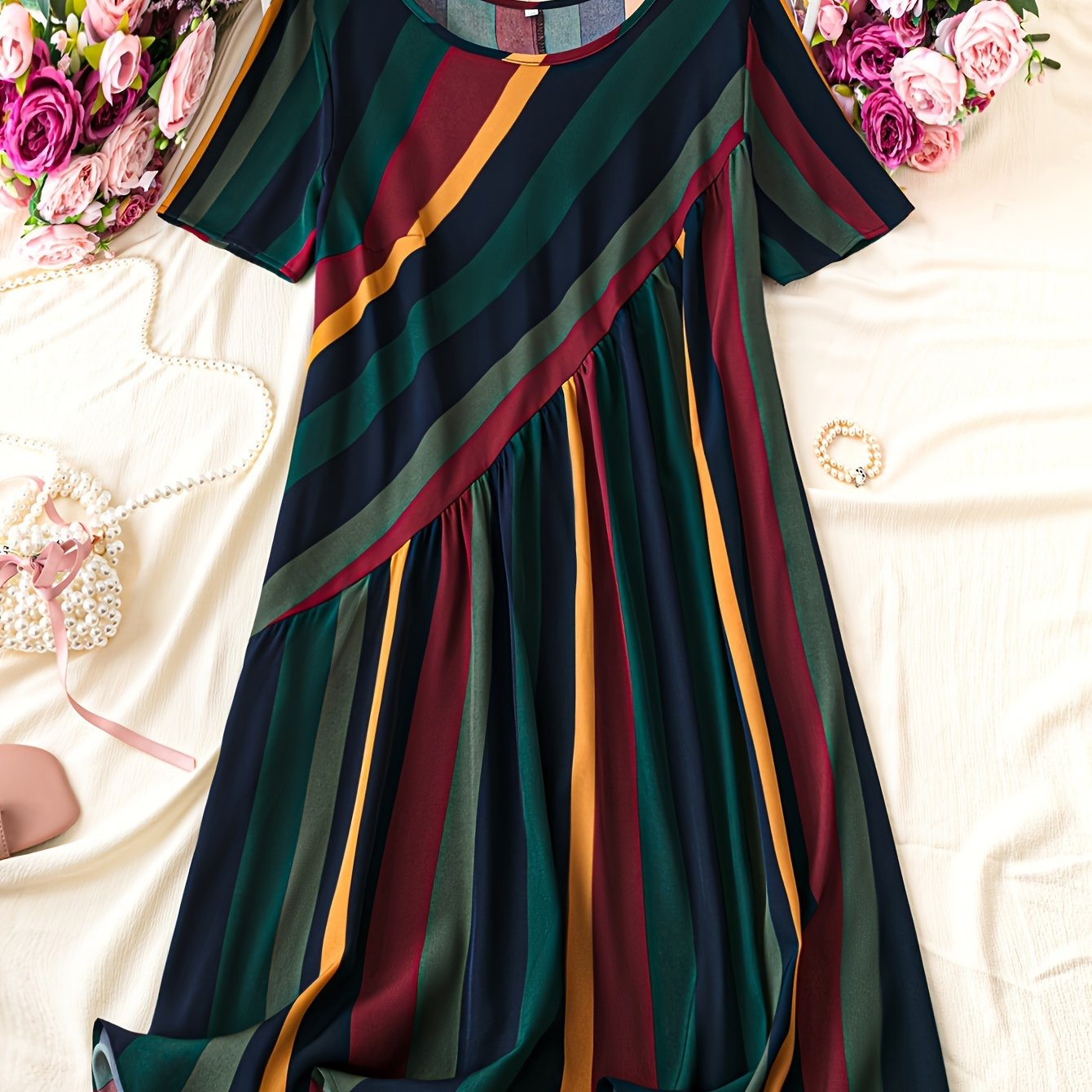 Color Block Striped Print Dress for Spring & Summer, Women's Casual Short Sleeve Crew Neck Dress