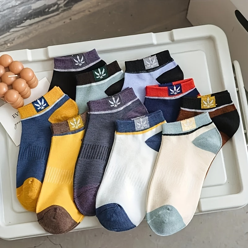 10 pairs of men's trendy color block liner socks, anti-odor, comfy, breathable, soft & elastic for spring & summer