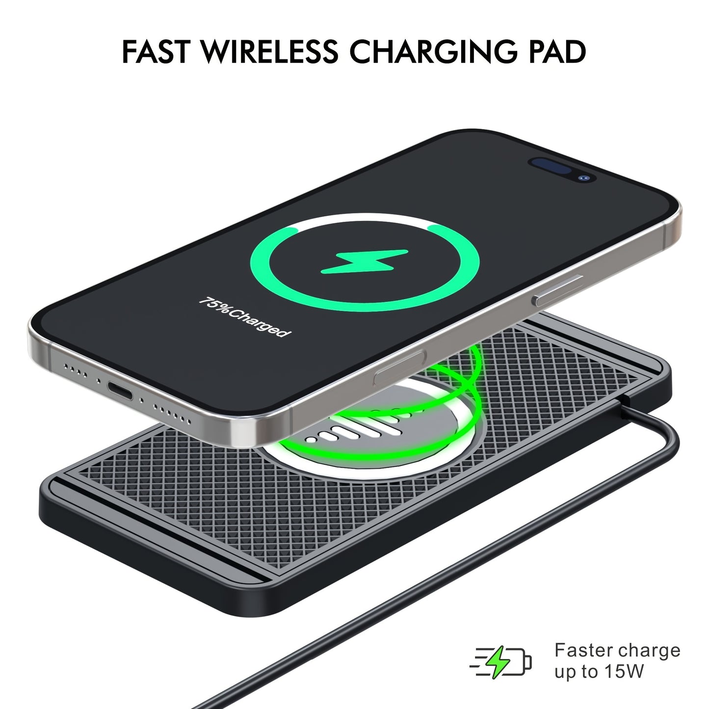 Rubber wireless car charger with 15w quick charging and anti-slip pad for mobile phones in car storage compartment.