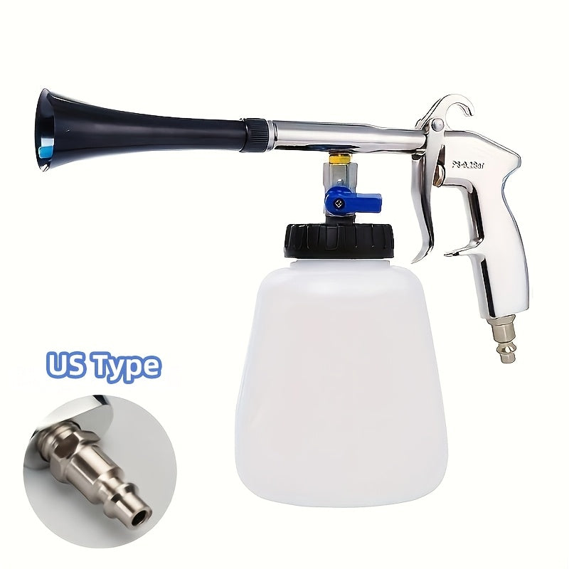 Universal fit pneumatic car wash gun for efficient dust removal and deep cleaning of car interior & engine compartment. Ideal auto detailing tool with US/EU type spray pot.