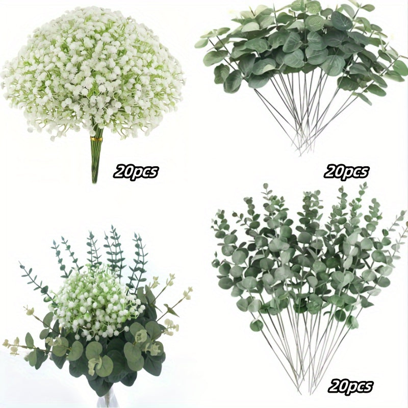 30/60 artificial 'S Breath flowers, faux eucalyptus stems and leaves, imitation 'S Breath flowers, fake silver dollar eucalyptus plant stems for weddings, vases, bouquets, floral and home decor.