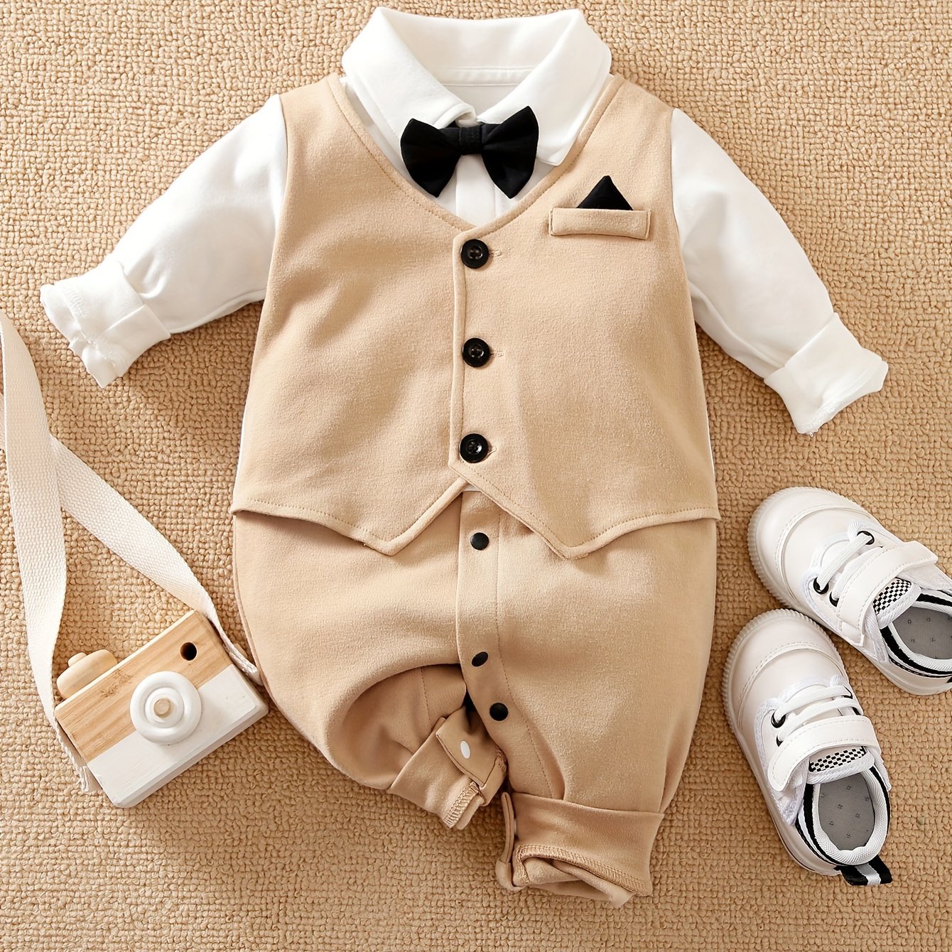 Baby's Gentleman Bowknot Cotton Long Sleeve Romper, ideal for Spring and Fall outdoor wear.