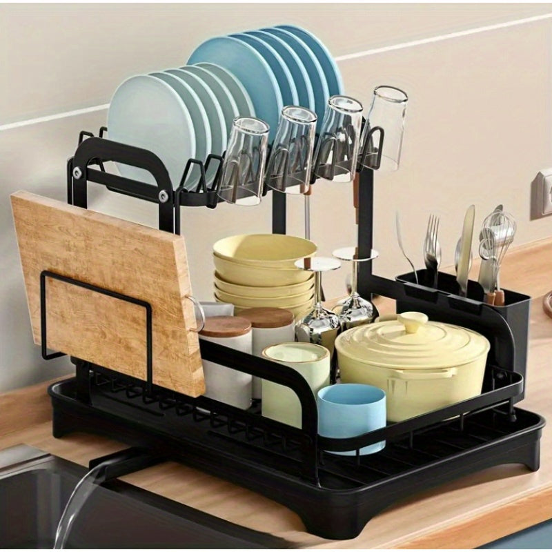 A steel dish rack set with two tiers, a draining board, and various kitchen accessories, designed for maximizing space and drying capacity above the kitchen sink and on the countertop.