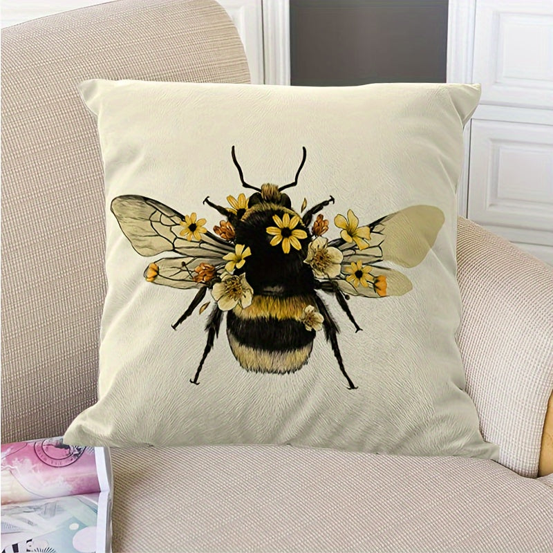 Yellow Floral Bee Throw Pillow Cover measuring 45.72x45.72 cm - Ideal Decorative Cushion Case for Sofa and Bed, Made of Polyester, Insert Not Included