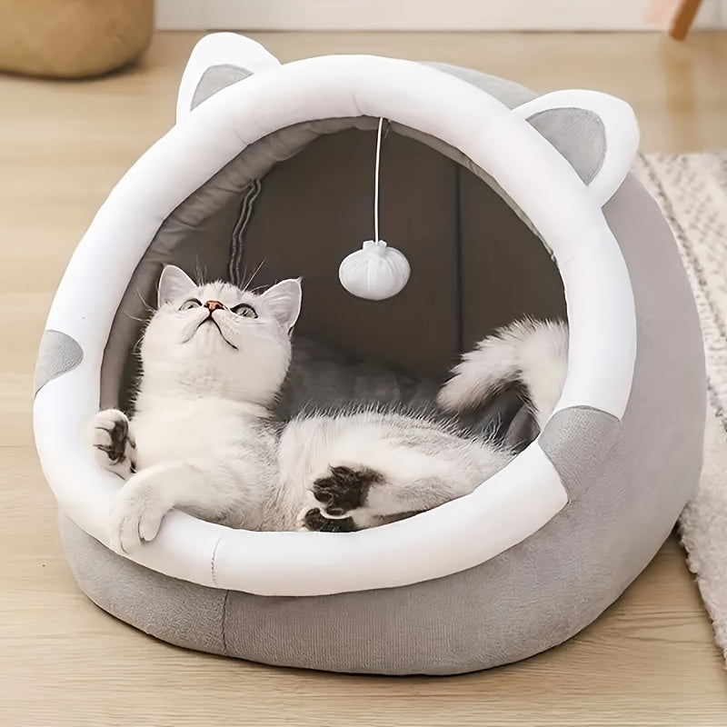 1 Cute Cat Bed with Toy Ball - Cozy, Non-slip, Spacious