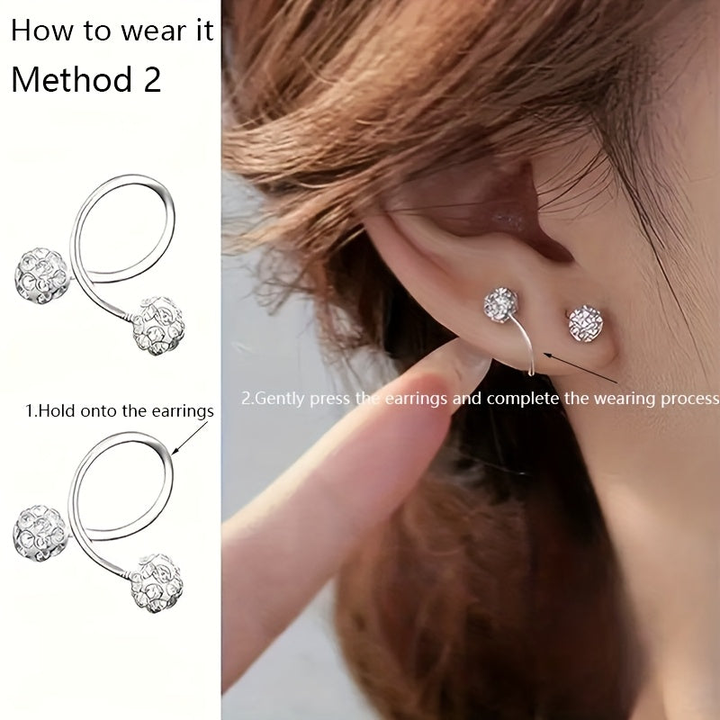 Luxury spiral rod ball earrings made of stainless steel and 925 silver with rhinestone inlay, perfect for daily wear or as a gift.