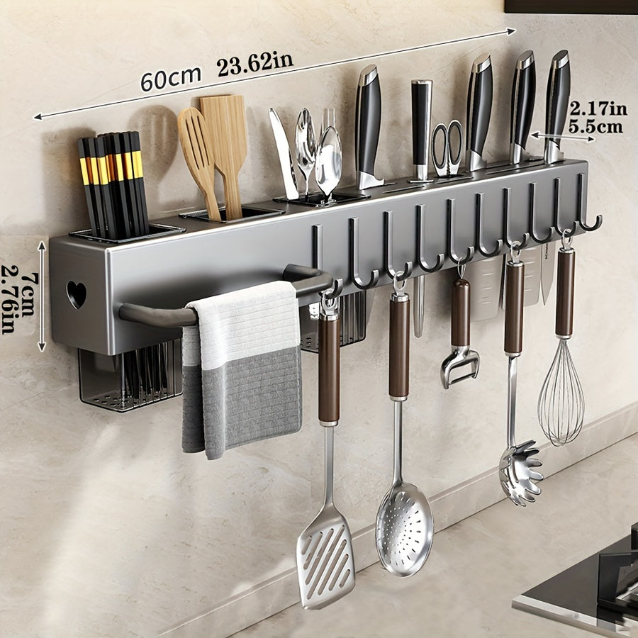 Easy to install kitchen organizer - No drilling required! This wall-mounted holder is perfect for knives and utensils, offering multi-functional storage for all your cutlery and accessories.