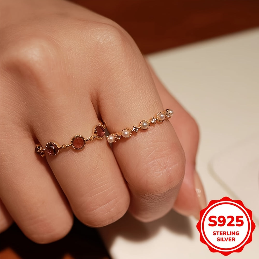 Elegant Gift for Women: 1.6G S925 Sterling Silver Minimalist Ring with Natural Pearl and Small Zirconia on a Gold-Plated Band, Perfect for Valentine's Day or Birthday Party