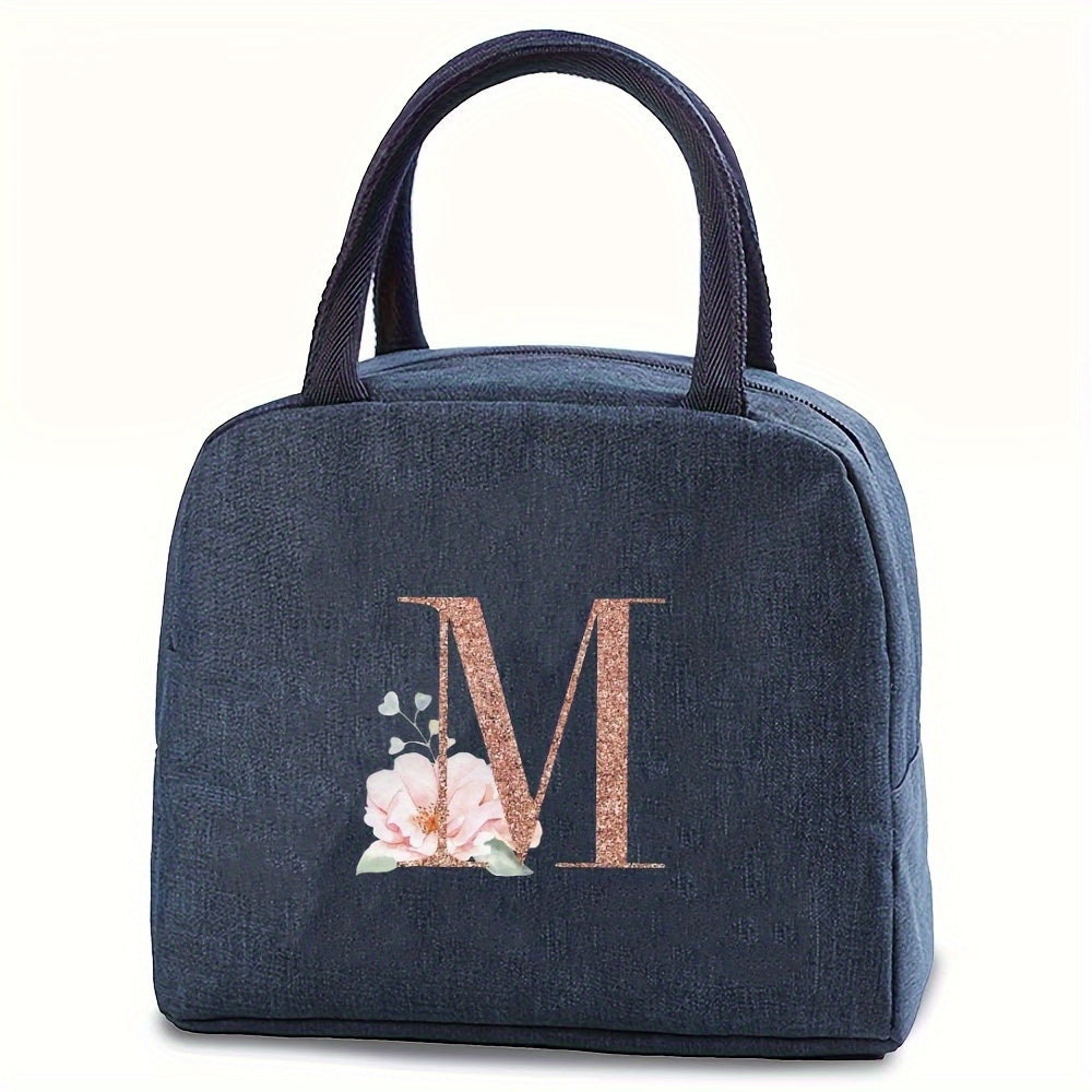 Insulated lunch bag with monogram, featuring a rose gold design. Made of waterproof, leakproof, BPA-free polyester material. Includes a square thermal food storage compartment with an ice compartment. Easily washable by hand. Perfect for school, office