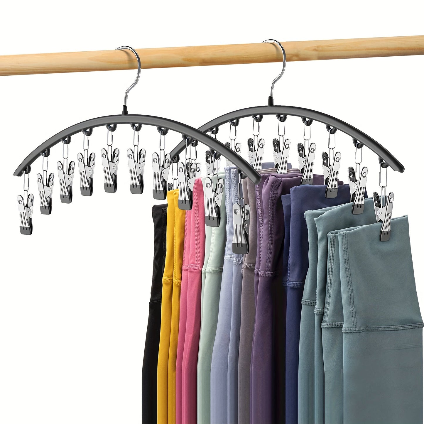 Metal Yoga Pants Hanger with Curved Shape and 10 Clothespins for Hanging 10 Leggings - Closet Organizer with Rubber Coating for Space Saving Storage in Dorms and Bedrooms