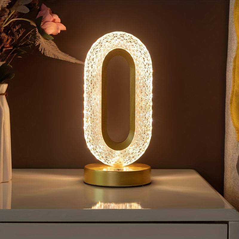 Luxurious oval crystal table lamp with USB charging, perfect for bedroom, living room, or party decor.