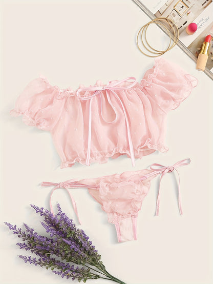 Seductive lingerie set with one-shoulder design, wave stitching, and tie belt pajamas.