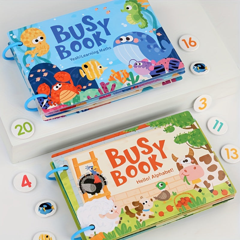 Interactive educational busy book for ages 3+ with alphabet and logic activities. Vibrant paper materials make it an early learning cognitive game, perfect for preschoolers.