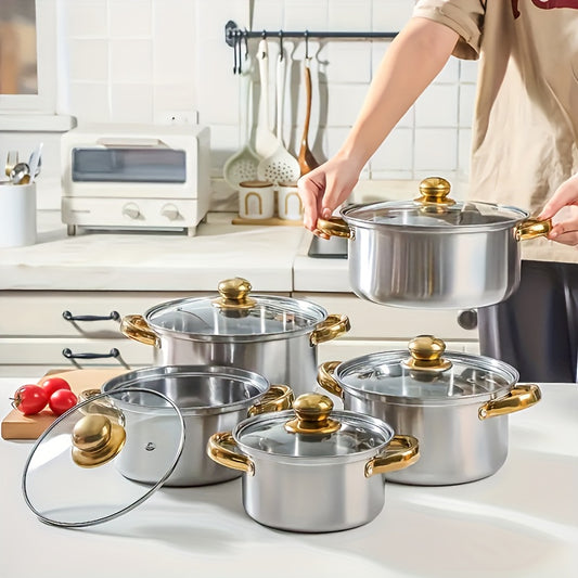 10-piece cookware set with gold-plated stainless steel double-handled soup pots for outdoor use.