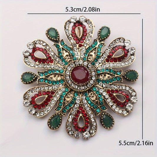 Zarif Vintage Rhinestone Brooch Pin, Yashil va Qizil Aksentlar bilan Noaniq Gullar Dizayni, Ayollar uchun Mukammal Moda Aksessuari