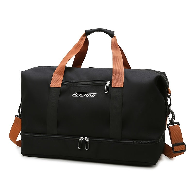 Spacious travel duffel bag with lightweight design, featuring durable zippers. Ideal for yoga, outdoor activities, and training.